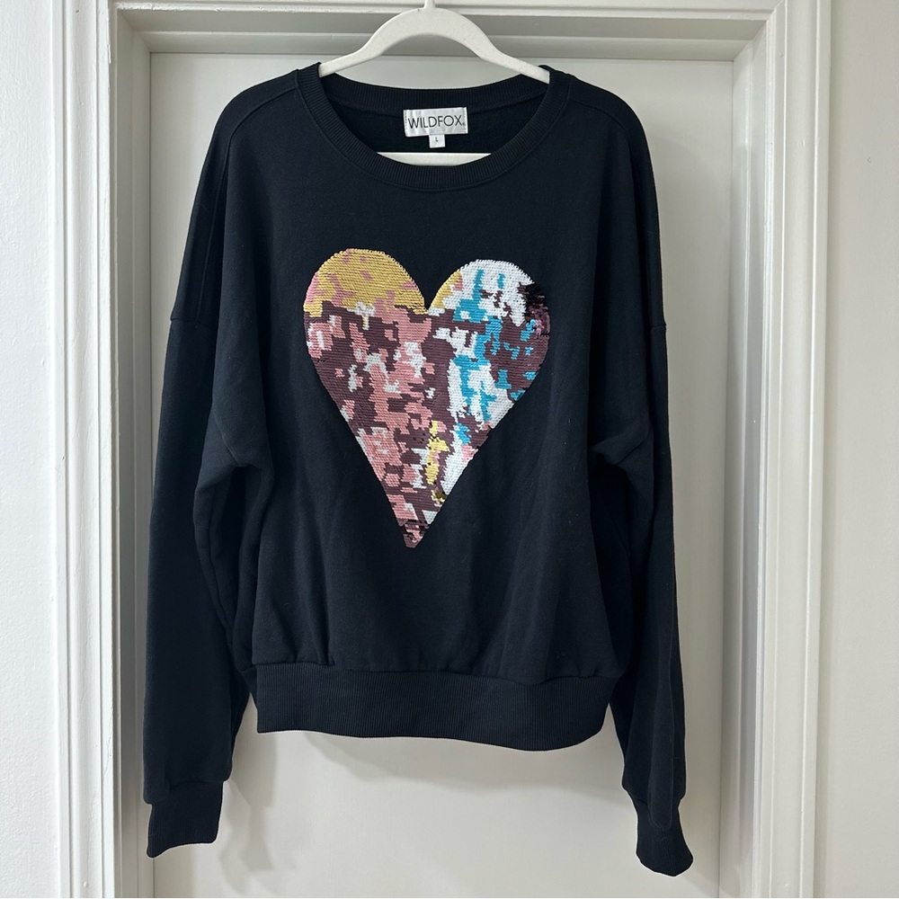 Wildfox Black Oversized Sequin Heart Sweatshirt, Size Large